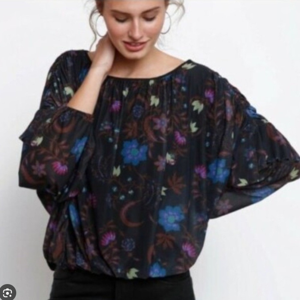 Free People Black Floral Print Dolman Sleeve Blouse Top XS